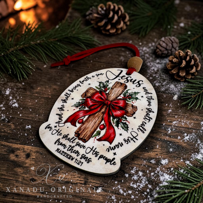 Matthew 1:21 Call His Name Jesus Cross Wood Ornament - Religious Christmas Gift