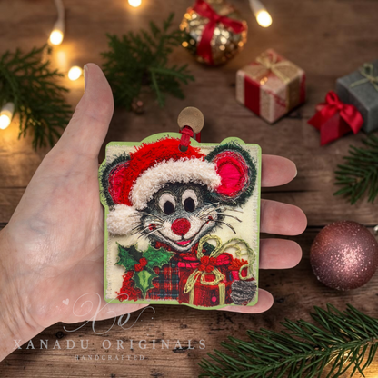 A hand holds a square embroidered Christmas ornament shaped like a mouse wearing a red Santa hat and holding wrapped gifts, with a wooden surface, pine branches, and warm string lights in the background. A watermark reading XANADU ORIGINALS HANDCRAFTED is visible at the bottom.
