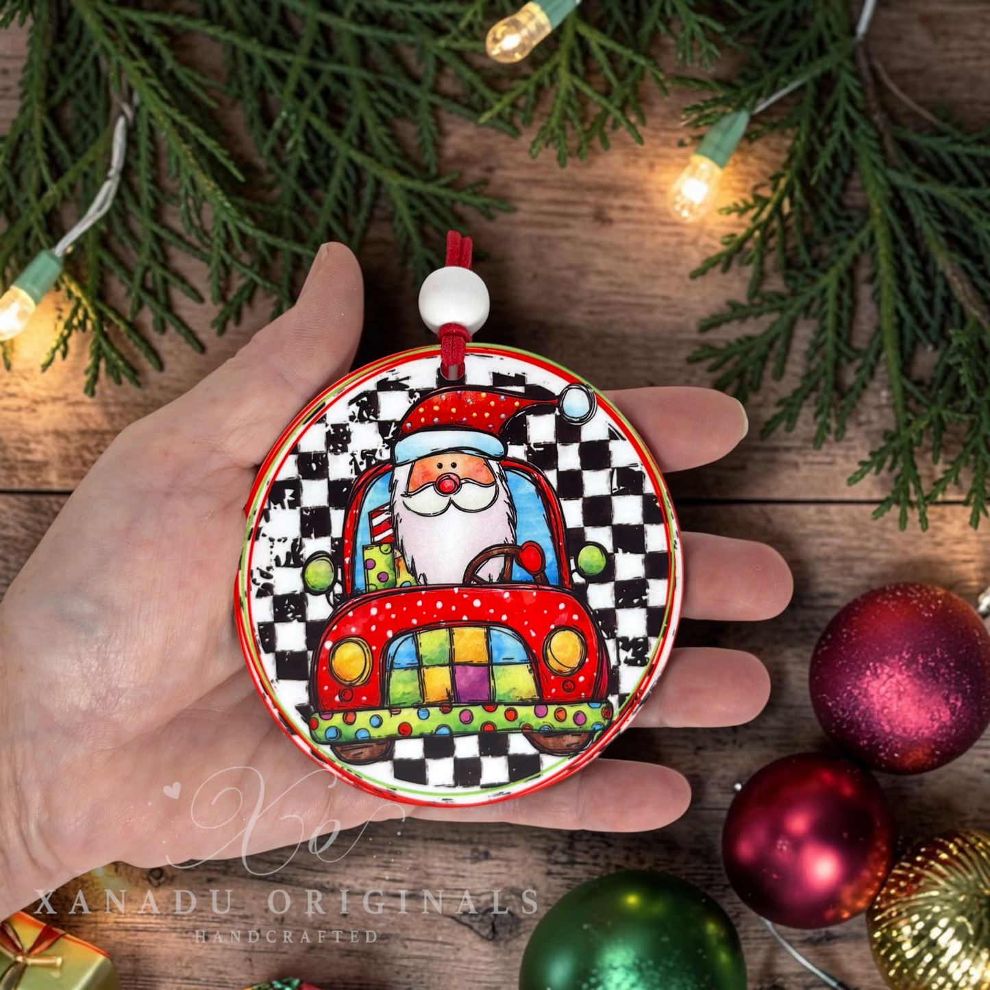 Vintage Santa Driving Red Car Wood Ornament - Retro Christmas Tree Keepsake Gift