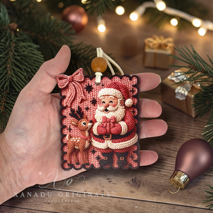 A hand holds a rectangular Christmas faux needlepoint ornament featuring Santa Claus and a reindeer, decorated with a hanging loop and wooden bead. The background shows a cozy holiday scene with pine branches, warm string lights, wrapped gifts, and a wooden surface.