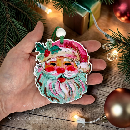 A hand holds a hand-painted Christmas ornament shaped like Santa's face, decorated with pink, mint green, red, and gold paint strokes, surrounded by festive pine branches, warm string lights, and gift boxes on a wooden surface.