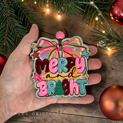 Merry and Bright Retro Bow Wood Ornament - Vintage Christmas Gift