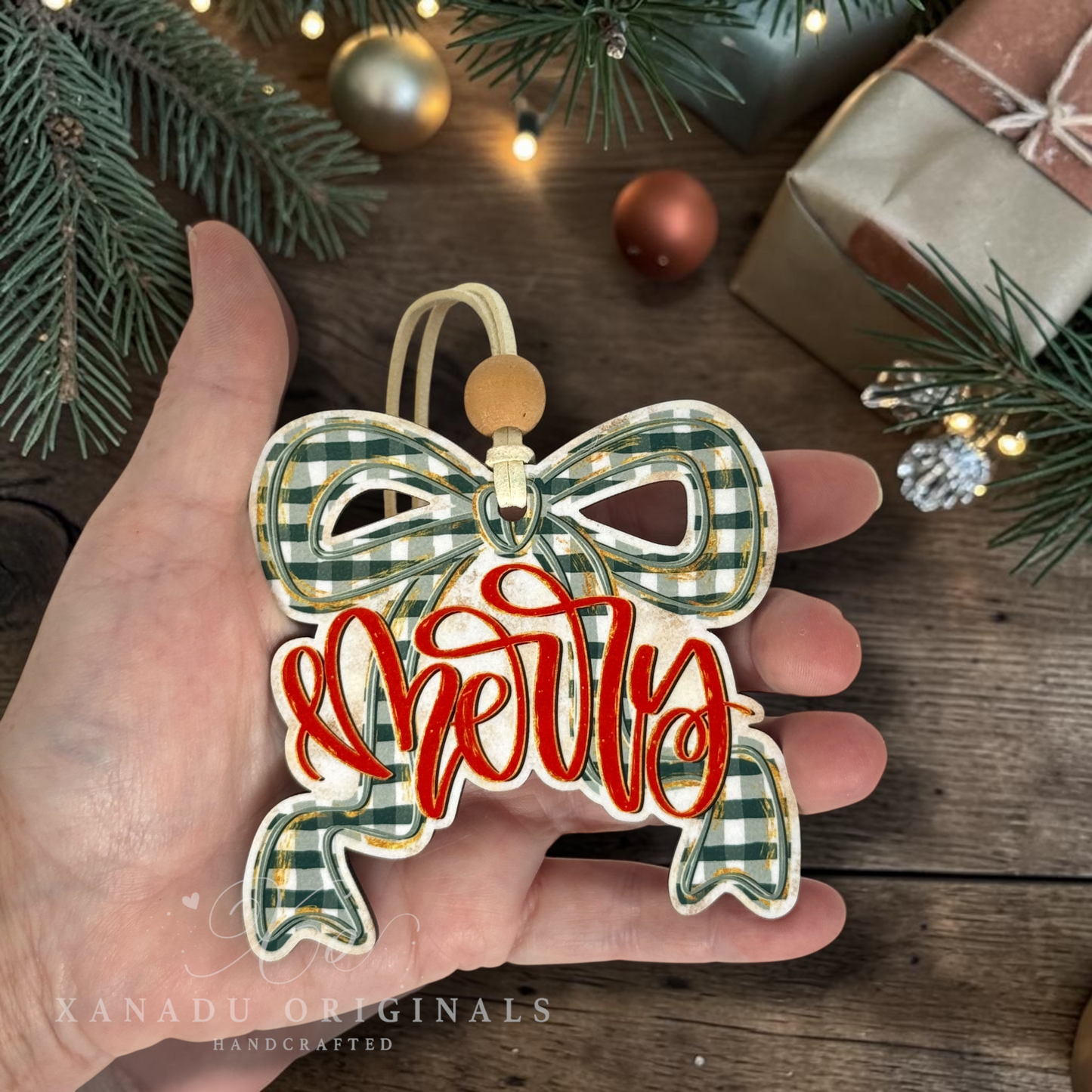 Gingham Bow Merry Wood Christmas Ornament - Cozy Holiday Gift