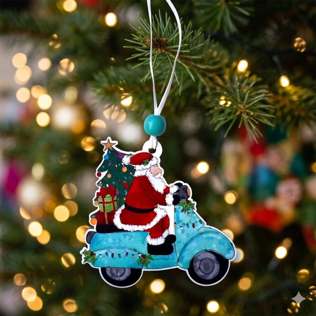 A Christmas ornament shaped like Santa Claus riding a light teal scooter with a small tree on the back, hanging from a white string in front of a blurred Christmas tree with warm lights.