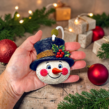 A hand holds a small Christmas ornament shaped like a snowman wearing a dark blue top hat with red berries and a gold band, surrounded by holiday decorations and wrapped gifts on a wooden surface.