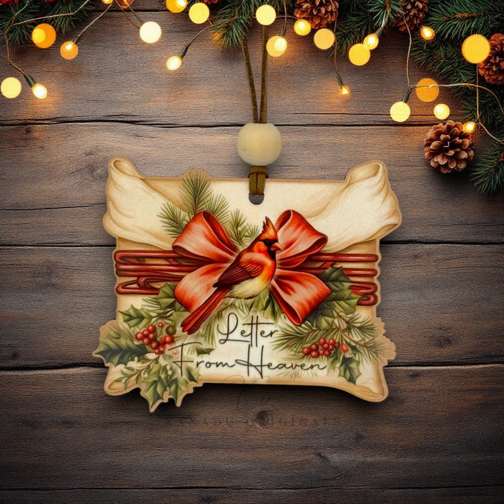 A decorative Christmas ornament shaped like a vintage letter, hanging on a rustic dark wood surface with warm string lights and pine garland around it. The ornament features a large red bow, a red cardinal, green holly leaves, red berries, and the words 'Letter From Heaven'.