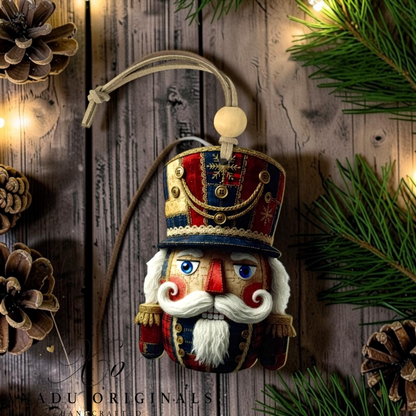 A handcrafted wooden nutcracker Christmas ornament with a detailed painted face, white beard, and ornate red, blue, and gold hat, hanging against a rustic wood background with pine branches and warm lights.