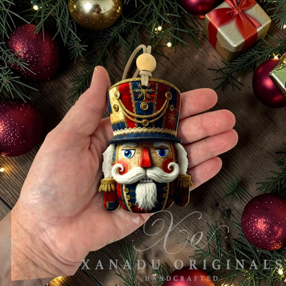 A hand holds a handcrafted Christmas nutcracker ornament. The ornament features a detailed face with a white beard, blue eyes, and a red and gold decorated hat, surrounded by festive pine branches, red ornaments, and a gift box in the background.