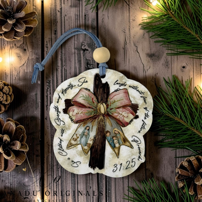 Proverbs 31 wood cross ornament featuring a detailed illustration of a wooden cross with a nativity ribbon bow and cursive scripture text on a scalloped background.