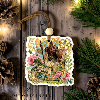 A decorative square ornament with scalloped edges featuring an illustrated David and Goliath featuring a colorful folk art storybook illustration of young David facing the giant among vibrant floral meadows.. The ornament hangs from a brown cord with a white bead, displayed on a rustic wood surface with pine branches, pinecones, and warm string lights.