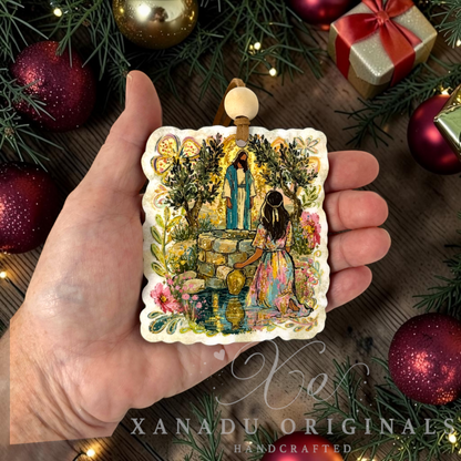 Retro religious Bible story Christmas ornament measuring 3.07 by 3.55 inches showing the detailed scalloped shape outline.
