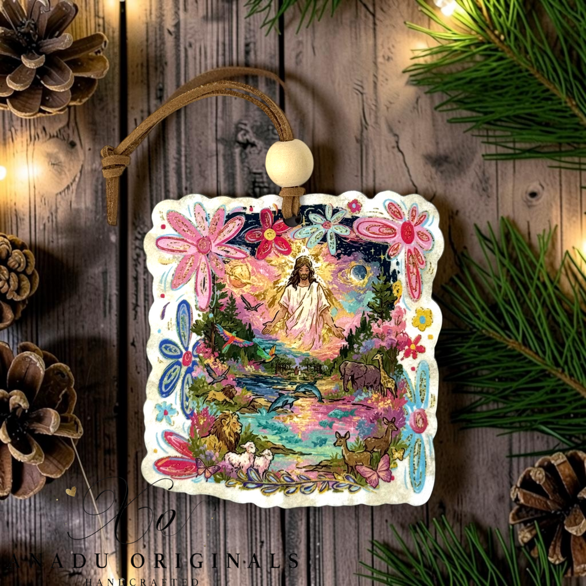 Creation Story wood ornament featuring a colorful folk art paradise illustration of Jesus in the Garden of Eden surrounded by animals and vibrant retro flowers.