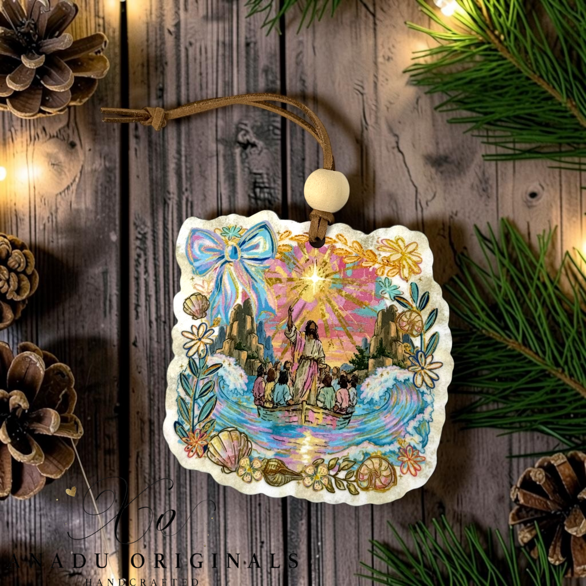 Jesus Calms the Storm wood ornament featuring a colorful folk art storybook illustration of Jesus in a boat calming waves under a bright star and pink sky.