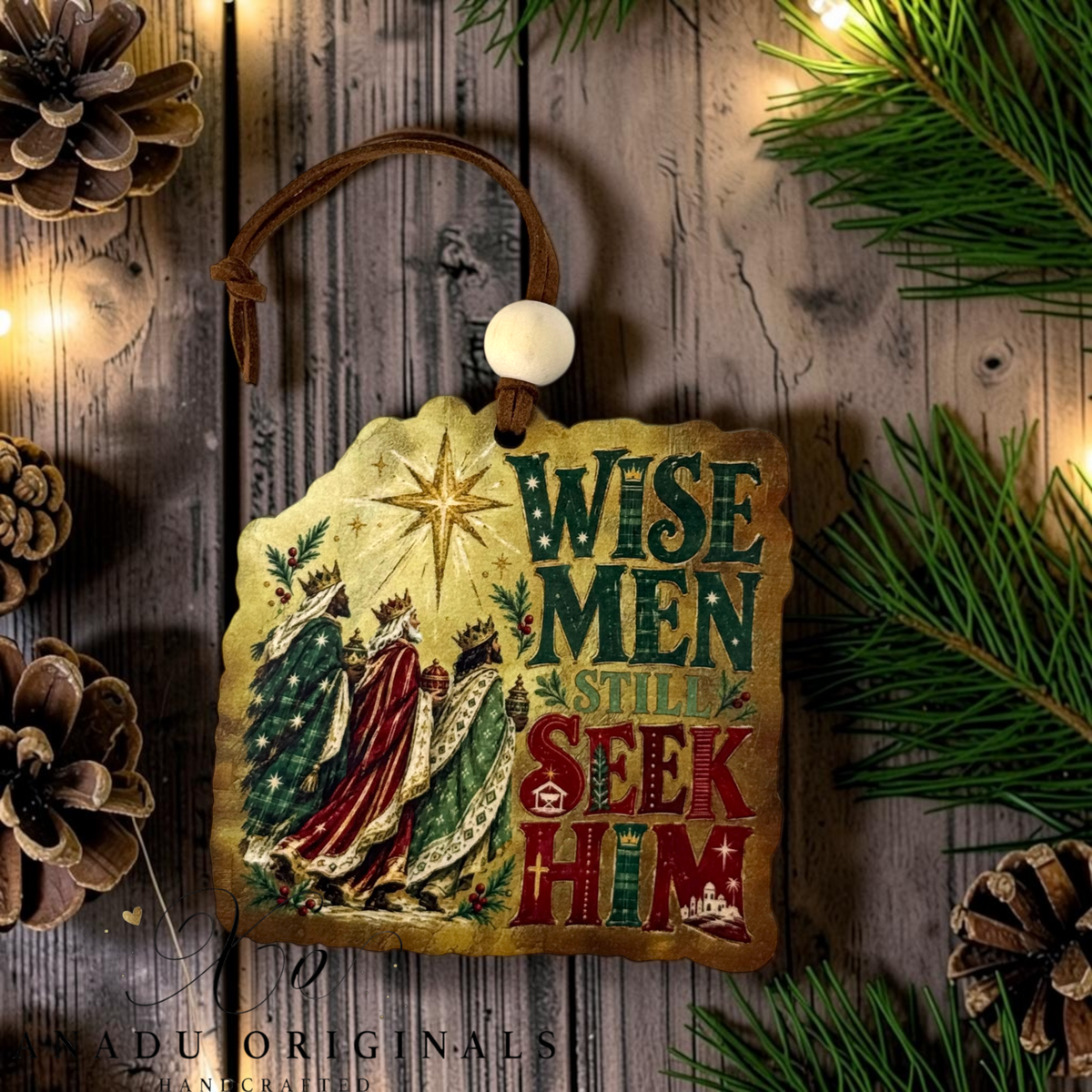 Wise Men Still Seek Him wood ornament featuring a vintage-inspired illustration of the three kings under a gold star with green plaid typography.