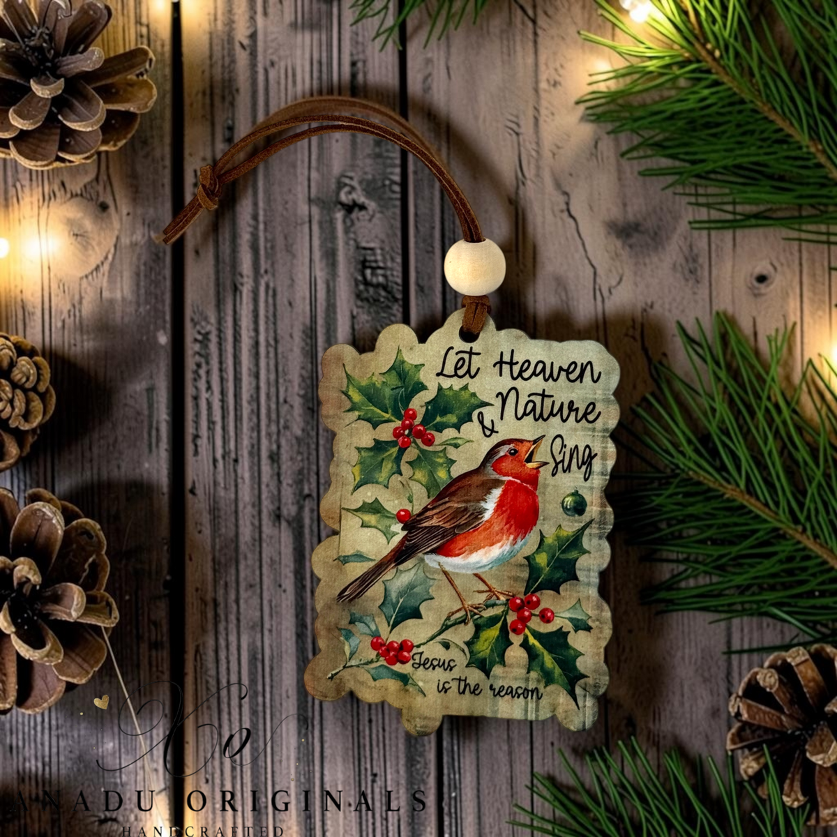 Let Heaven and Nature Sing wood ornament featuring a retro illustration of a red robin bird perched in winter holly leaves on a textured gold background.