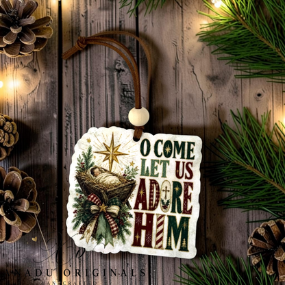 • Retro religious Christmas manger ornament measuring 3.45 by 3.41 inches held in a hand next to holiday tree decorations.
