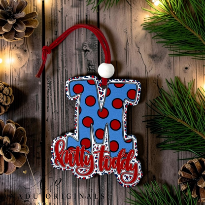 Hotty Toddy Ole Miss wood ornament featuring a large stylized monogram with red polka dots on blue and a wild cheetah animal print decorative border.