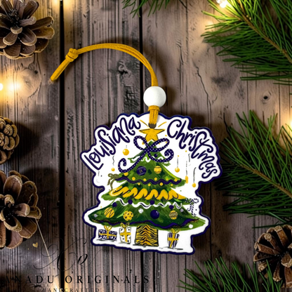 Louisiana Christmas wood ornament featuring a retro decorated evergreen tree with a purple polka dot bow and tiger striped holiday presents beneath it.