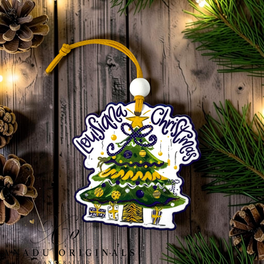 Louisiana Christmas wood ornament featuring a retro decorated evergreen tree with a purple polka dot bow and tiger striped holiday presents beneath it.