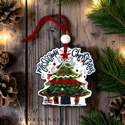 Mississippi Christmas wood ornament featuring a retro decorated evergreen tree with a white polka dot bow and navy blue patterned holiday presents beneath it.