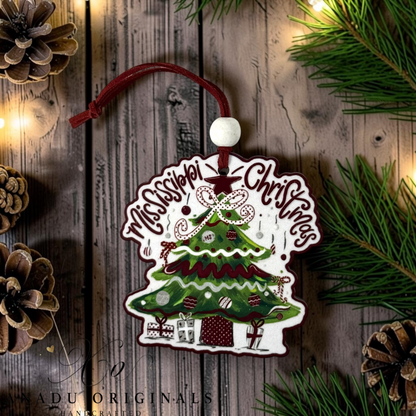 Mississippi Christmas wood ornament featuring a retro decorated evergreen tree with a maroon MS star topper and festive maroon patterned presents.