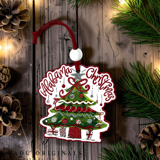 Alabama Christmas wood ornament featuring a retro decorated evergreen tree with a crimson polka dot bow and houndstooth holiday presents beneath it.