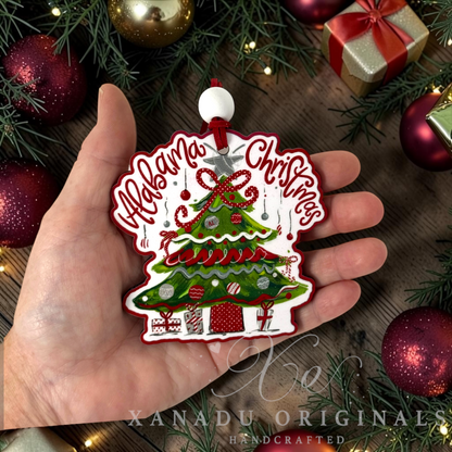 • Whimsical Southern collegiate holiday Christmas ornament measuring 3.5 by 3.49 inches held in a hand next to festive decorations.
