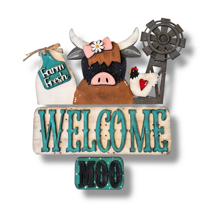 Highland Cow Welcome Interchangeable Add-On Wood Sign | DIY KIT