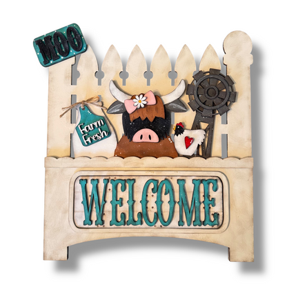 Highland Cow Welcome Interchangeable Add-On Wood Sign | DIY KIT
