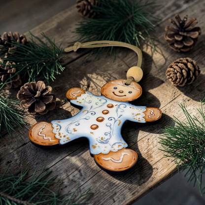 A gingerbread man Christmas ornament with a white icing dress and brown buttons, hanging on a rustic wooden surface with pine branches and pinecones around it.