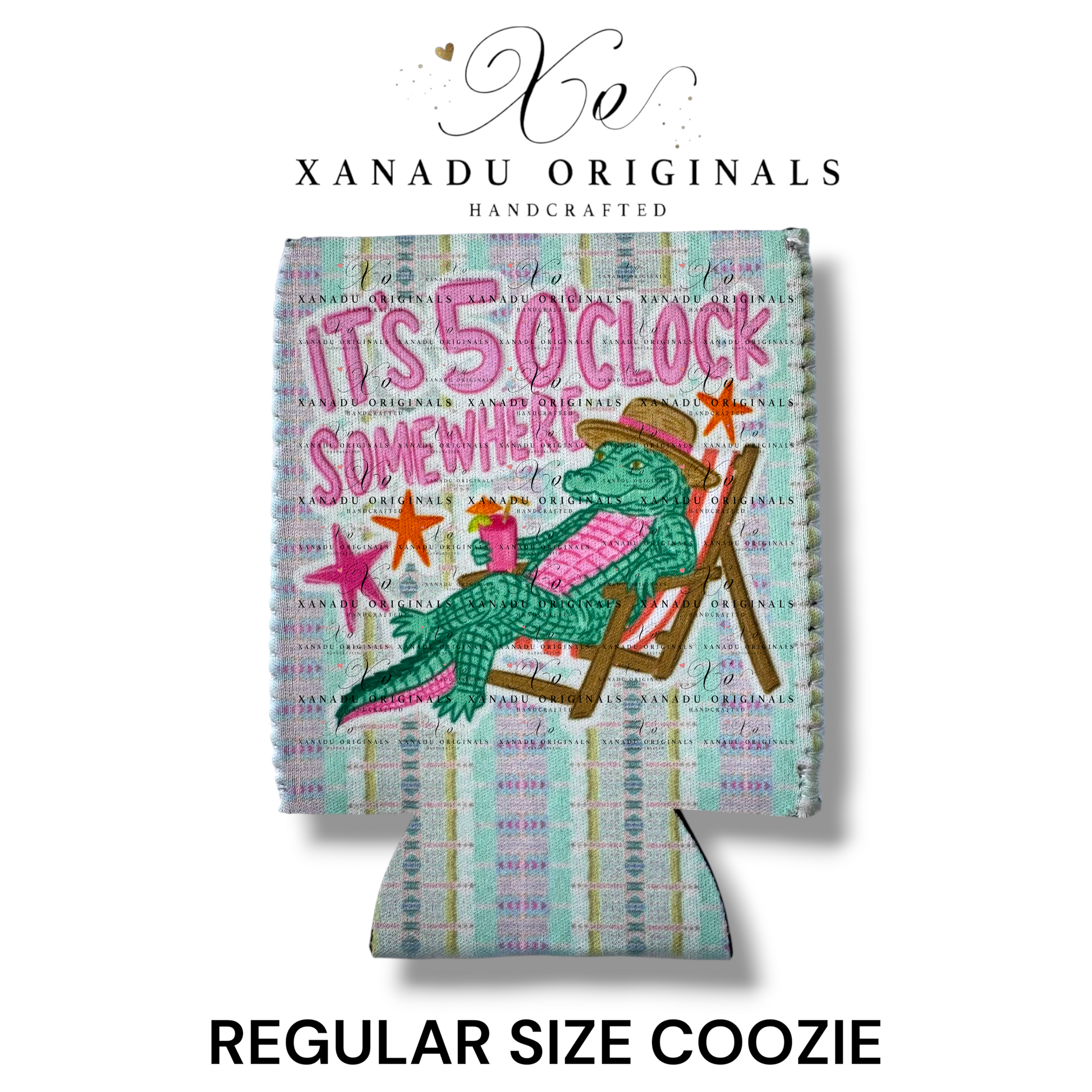 "Xanadu Originals handcrafted regular size neoprene can coozie featuring an illustrated green alligator wearing a straw hat and drinking a cocktail on a lounge chair with the bold pink text 'ITS 5 O'CLOCK SOMEWHERE' over a mint green plaid background."