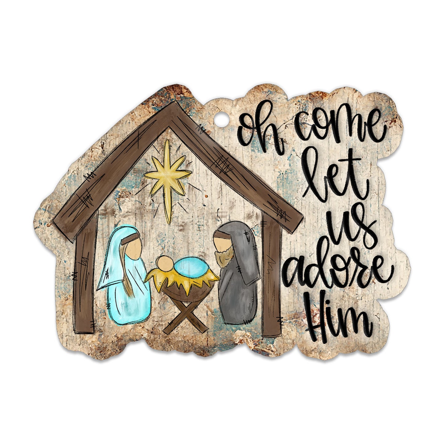 Oh Come Let Us Adore Him Stable Ornament, Traditional Holiday Tree Decor, Whimsical Hand-Painted Style Keepsake