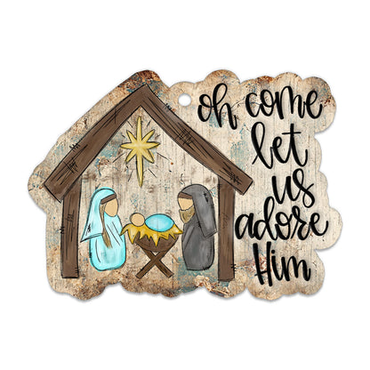 Oh Come Let Us Adore Him Stable Ornament, Traditional Holiday Tree Decor, Whimsical Hand-Painted Style Keepsake