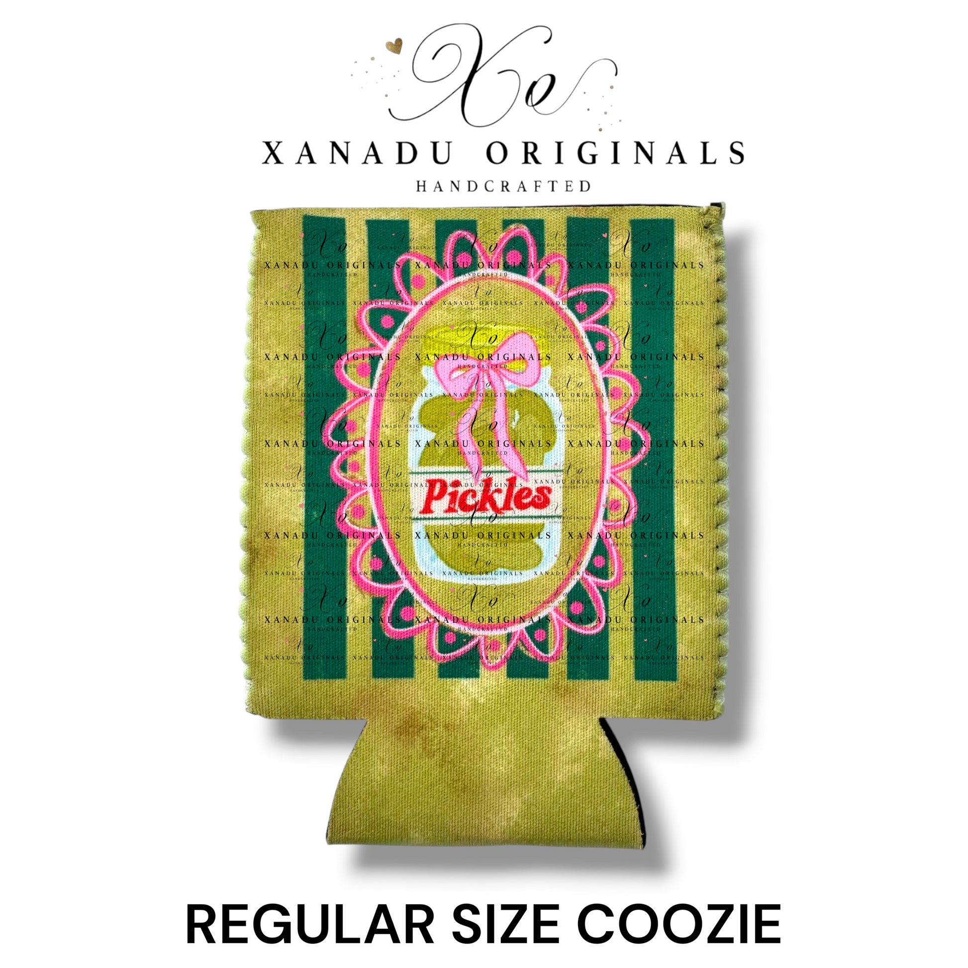 "Xanadu Originals handcrafted regular size neoprene can coozie featuring an illustrated glass jar of pickles inside a hot pink lace frame decorated with a large pink bow and the red text 'Pickles' against an olive green and yellow striped background."