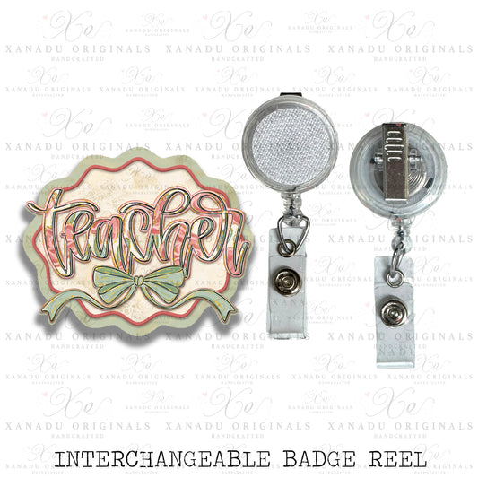 Teacher Painted Floral Interchangeable Badge Button with Reel Option