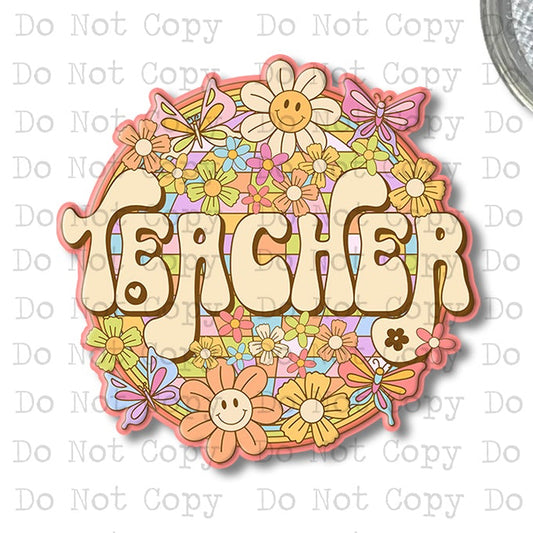 Teacher Retro Floral Interchangeable Badge Button with Reel Option