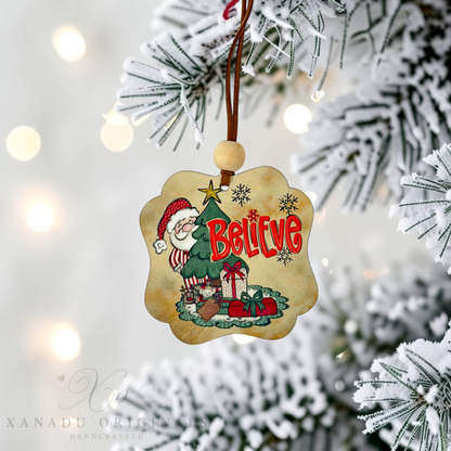Scalloped wood vintage Santa ornament hanging gracefully from a branch of a white flocked Christmas tree with soft out-of-focus background holiday lights.