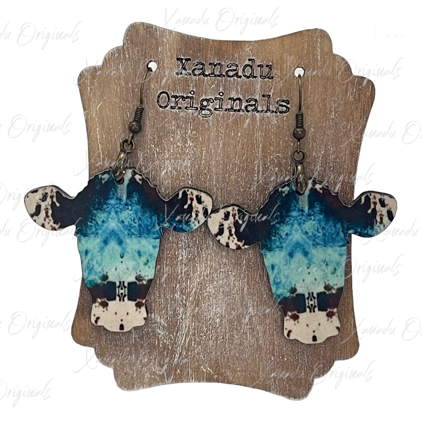 Faux Teal Cowhide Cow Earrings