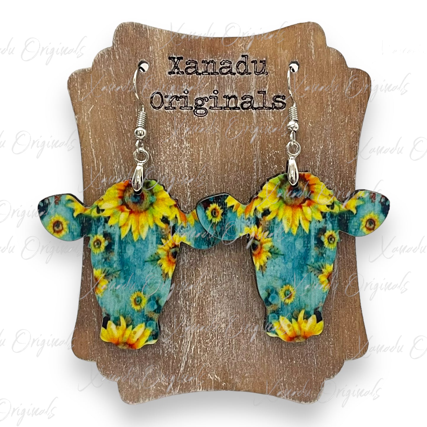 Sunflower Teal Cow Earrings