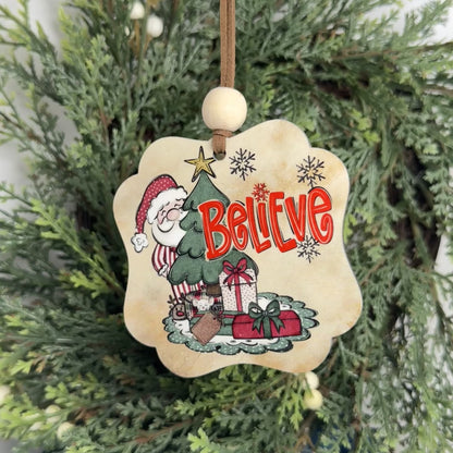 Vintage Santa Believe Scalloped Wood Christmas Ornament