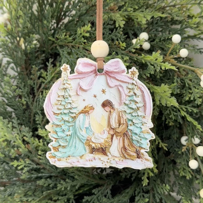 Pastel Impasto Holy Family Nativity Ornament - Whimsical Pink Bow Tree Decoration