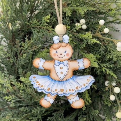 Vintage Gingerbread Ballerina Wood Ornament - Retro Blue Tutu Christmas Keepsake Gift