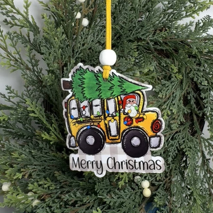 Merry Christmas Santa Driving School Bus Wood Ornament - Retro Bus Driver Holiday Gift