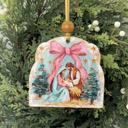 Impasto Nativity & Christmas Tree Ornament | Textured Coquette Bow Holy Family Keepsake