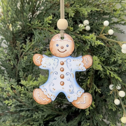 Vintage Gingerbread Boy Wood Ornament - Retro Blue Icing Christmas Keepsake Gift