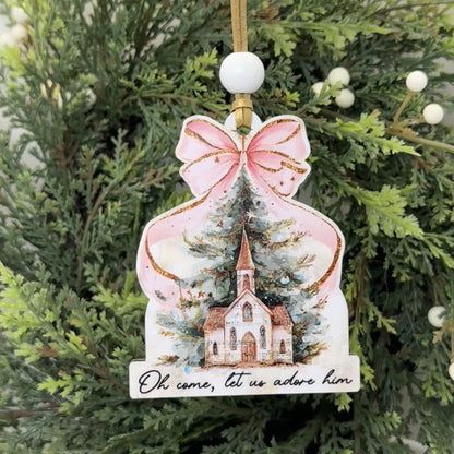Oh Come Let Us Adore Him Church Ornament - Watercolor Winter Tree Holiday Decoration