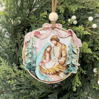 Palette Knife Holy Family Nativity Ornament - Artistic Impasto Pink Bow Tree Decoration