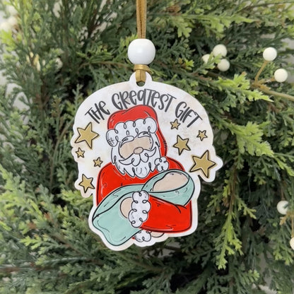 The Greatest Gift Santa Cradling Baby Jesus Ornament - Christian Nativity Tree Decoration