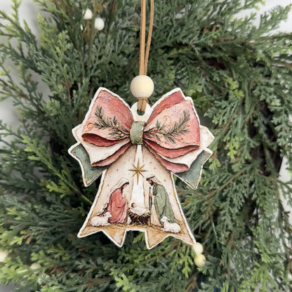 Christmas Bow Nativity Scene Ornament | Handcrafted Mississippi Keepsake