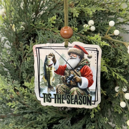 Fishing Santa Christmas Ornament - "Tis The Season" Bass Fishing Holiday Tree Decoration